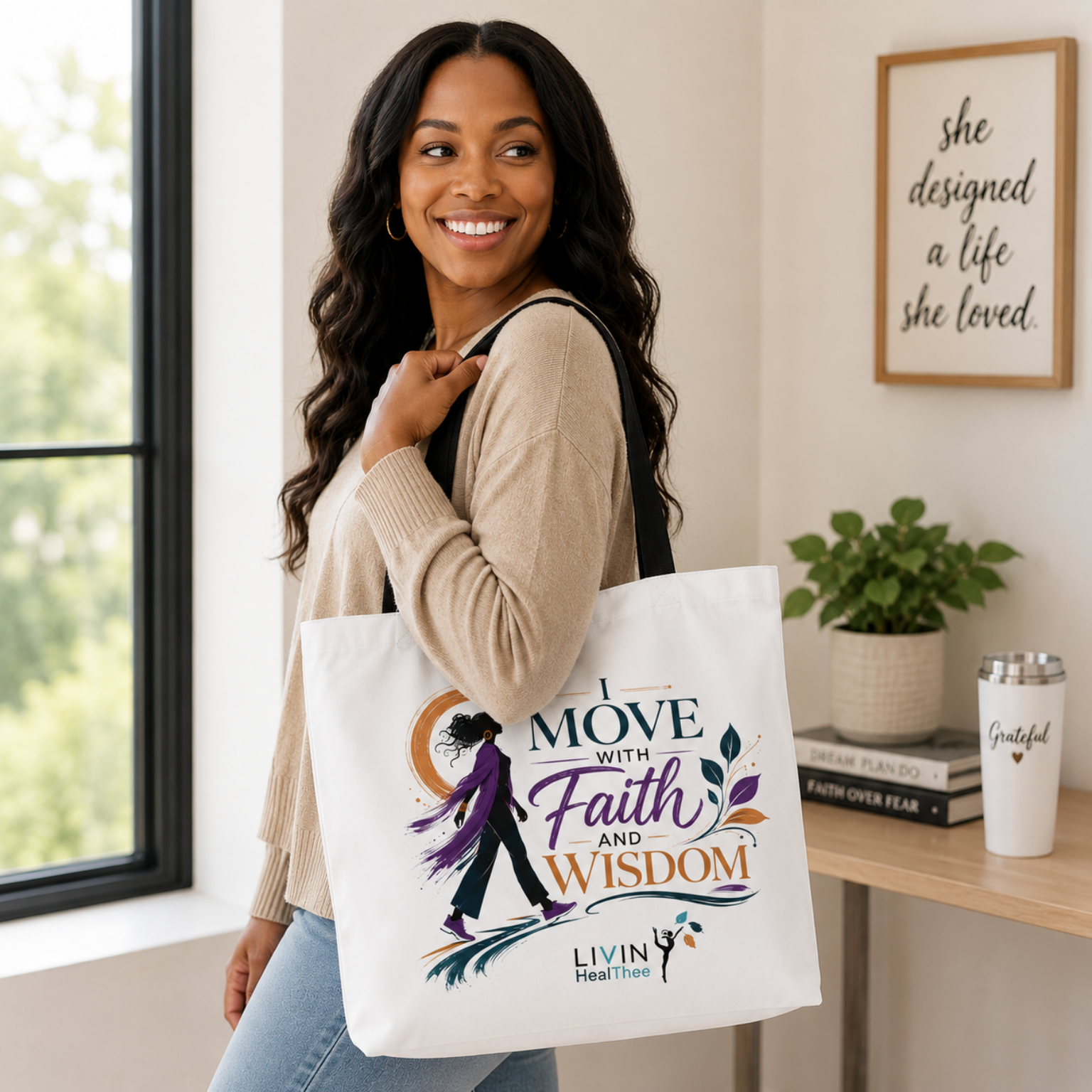 I Move With Faith and Wisdom Tote Bag | Inspirational Wellness Tote for Women